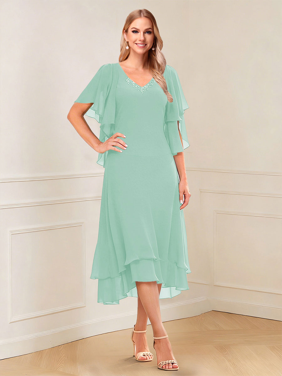 A-Line/Princess Short Sleeves V-Neck Tea-Length Mother of the Bride with Ruffles &amp; Beading