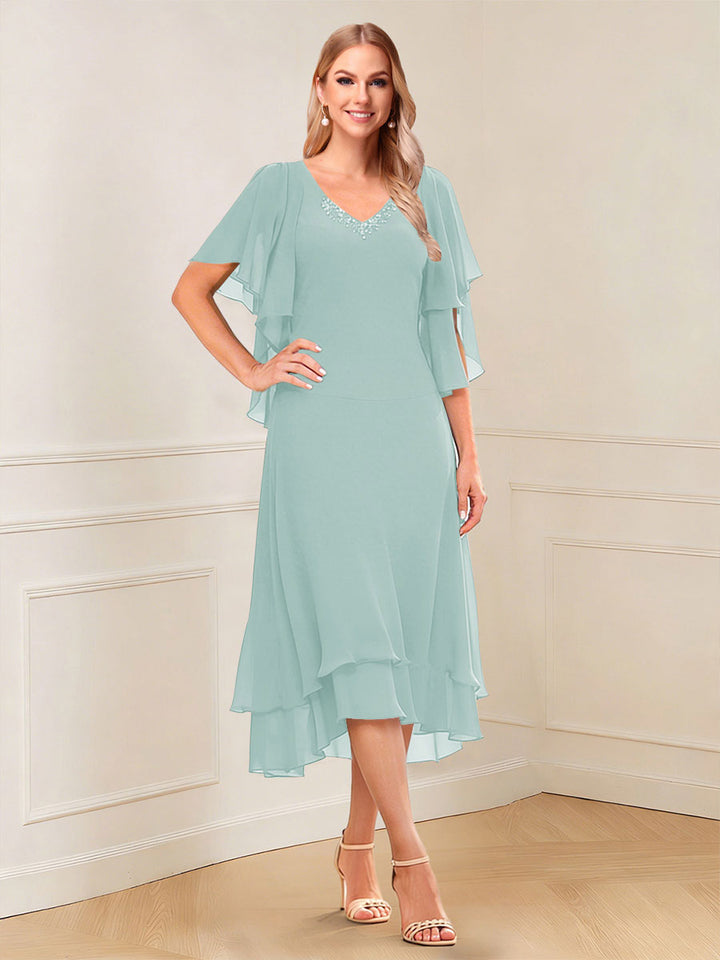 A-Line/Princess Short Sleeves V-Neck Tea-Length Mother of the Bride with Ruffles &amp; Beading
