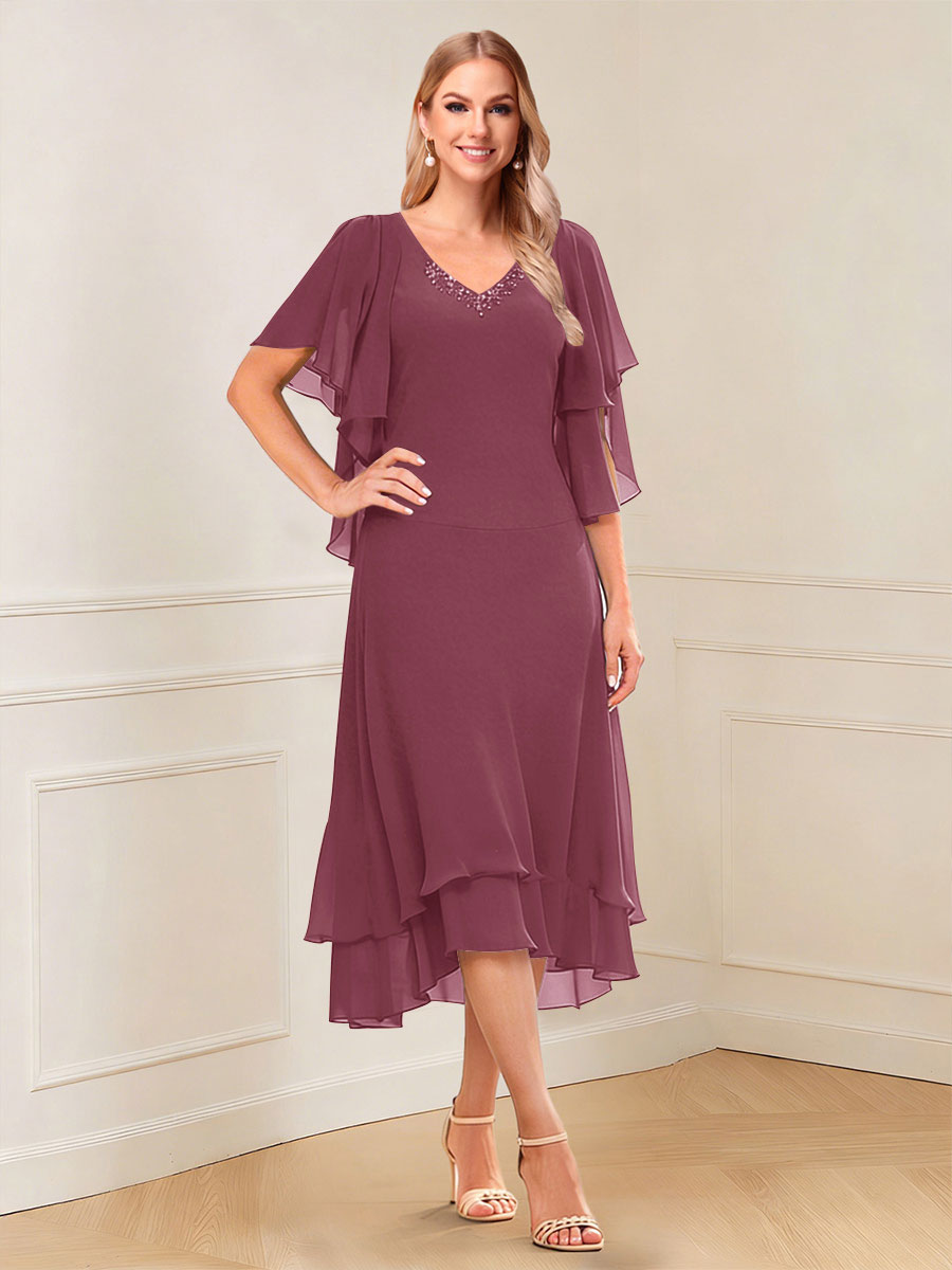 A-Line/Princess Short Sleeves V-Neck Tea-Length Mother of the Bride with Ruffles &amp; Beading
