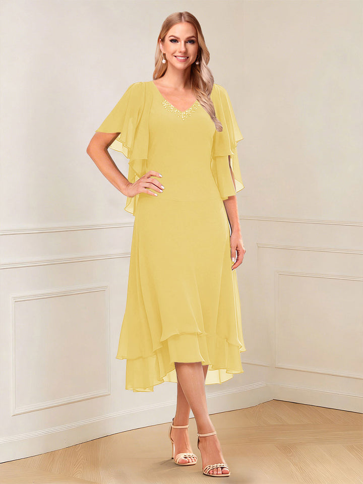 A-Line/Princess Short Sleeves V-Neck Tea-Length Mother of the Bride with Ruffles &amp; Beading