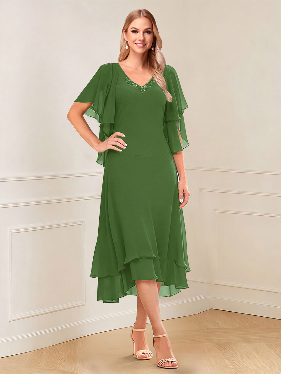 A-Line/Princess Short Sleeves V-Neck Tea-Length Mother of the Bride with Ruffles &amp; Beading