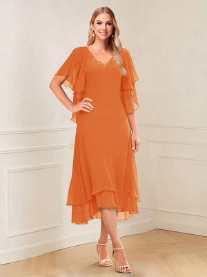 A-Line/Princess Short Sleeves V-Neck Tea-Length Mother of the Bride with Ruffles & Beading