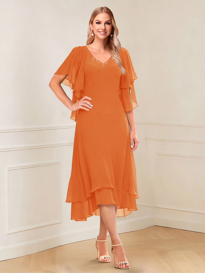 A-Line/Princess Short Sleeves V-Neck Tea-Length Mother of the Bride with Ruffles &amp; Beading