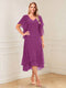 A-Line/Princess Short Sleeves V-Neck Tea-Length Mother of the Bride with Ruffles & Beading