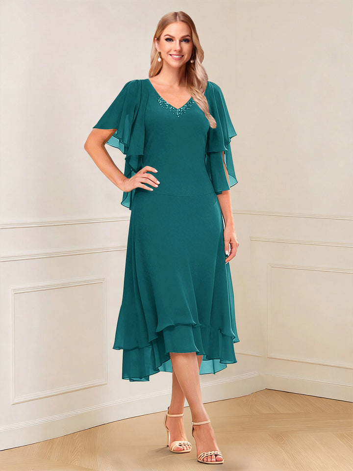 A-Line/Princess Short Sleeves V-Neck Tea-Length Mother of the Bride with Ruffles &amp; Beading