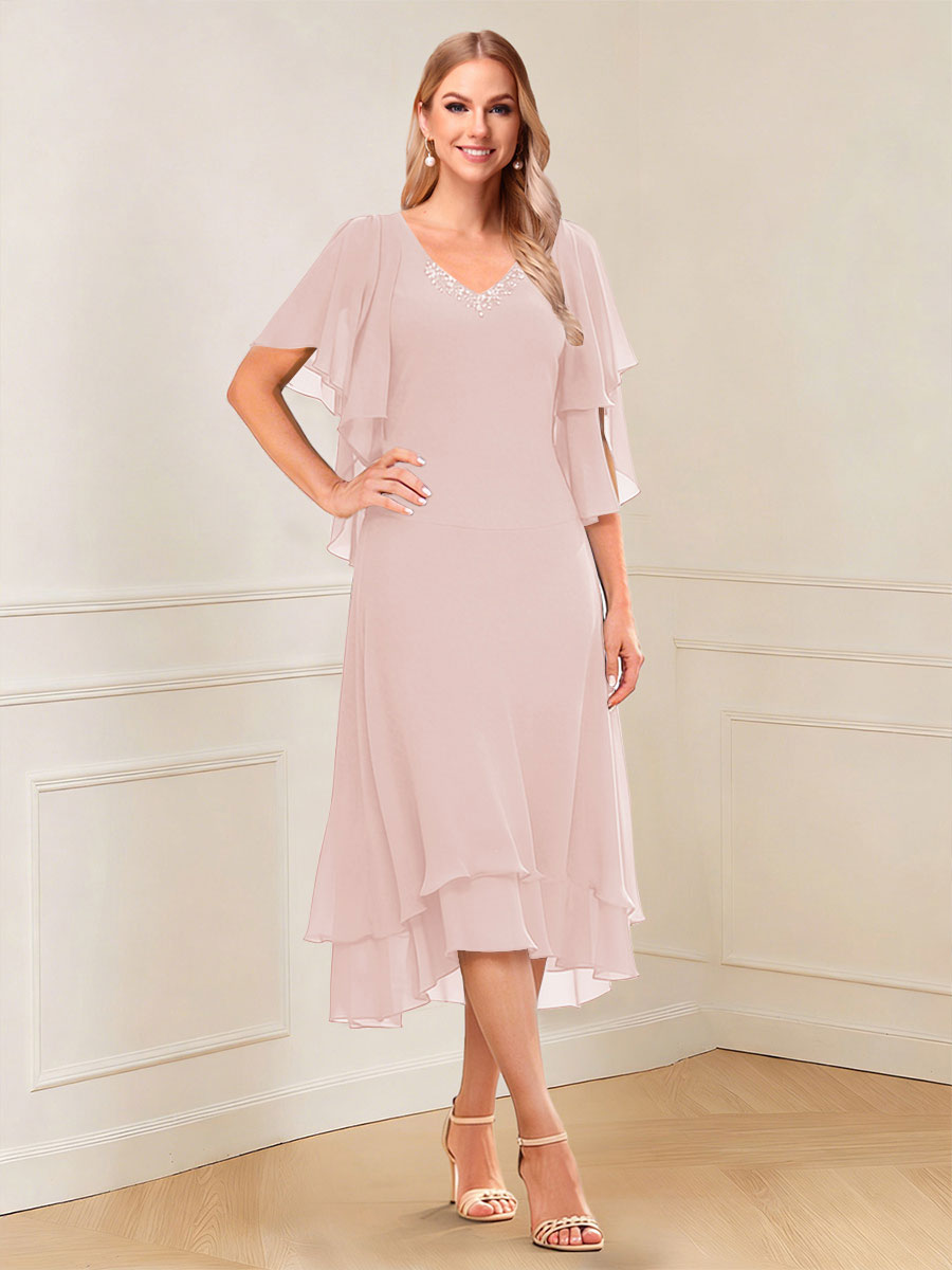 A-Line/Princess Short Sleeves V-Neck Tea-Length Mother of the Bride with Ruffles &amp; Beading