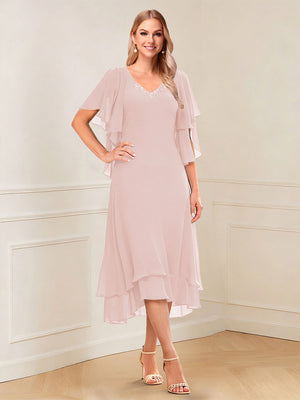 A-Line/Princess Short Sleeves V-Neck Tea-Length Mother of the Bride with Ruffles & Beading