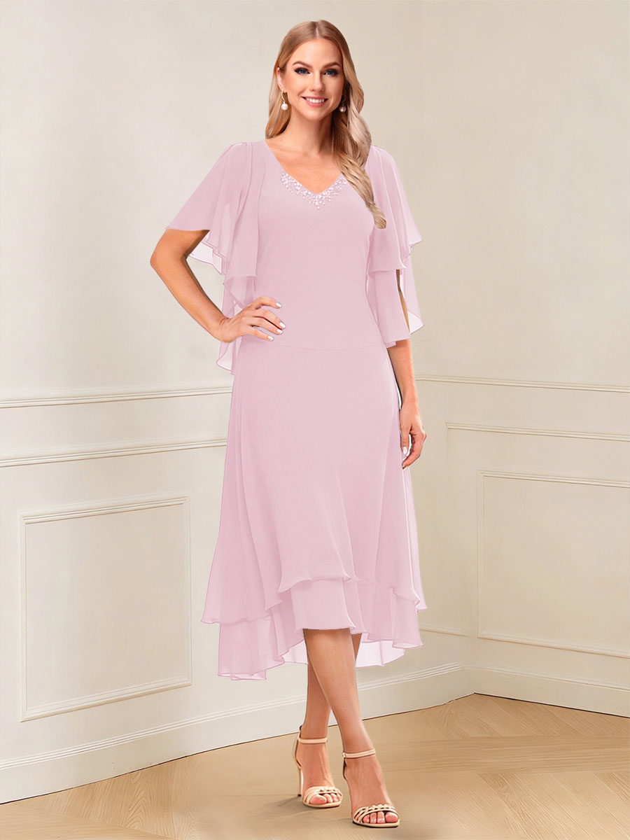 A-Line/Princess Short Sleeves V-Neck Tea-Length Mother of the Bride with Ruffles &amp; Beading