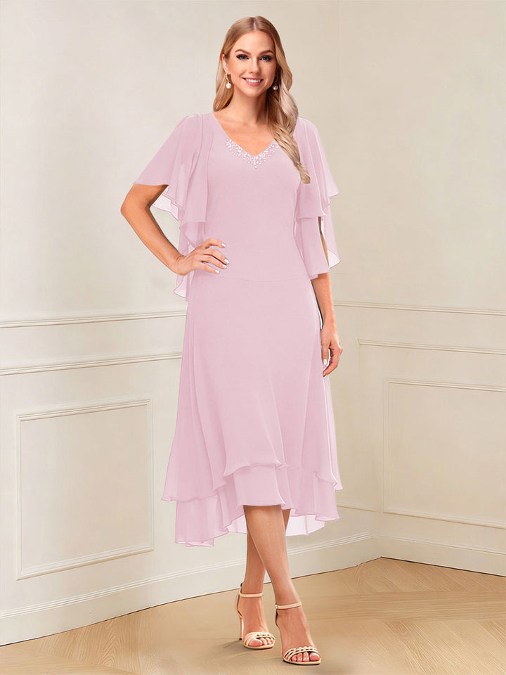 A-Line/Princess Short Sleeves V-Neck Tea-Length Mother of the Bride with Ruffles &amp; Beading