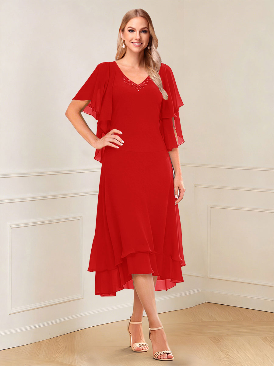 A-Line/Princess Short Sleeves V-Neck Tea-Length Mother of the Bride with Ruffles &amp; Beading