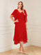 A-Line/Princess Short Sleeves V-Neck Tea-Length Mother of the Bride with Ruffles & Beading