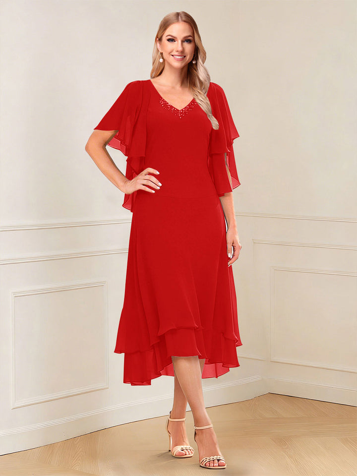 A-Line/Princess Short Sleeves V-Neck Tea-Length Mother of the Bride with Ruffles &amp; Beading