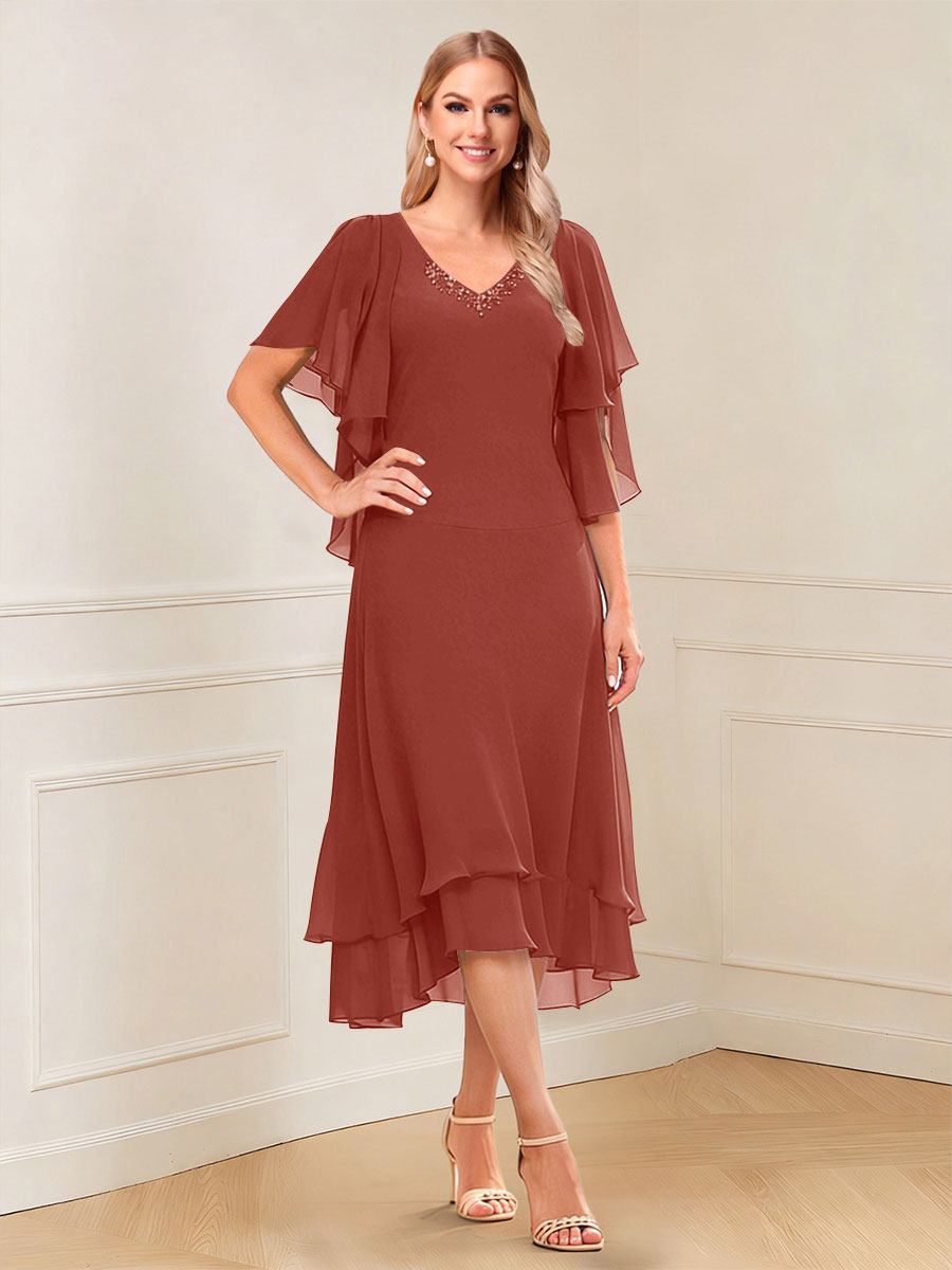 A-Line/Princess Short Sleeves V-Neck Tea-Length Mother of the Bride with Ruffles &amp; Beading