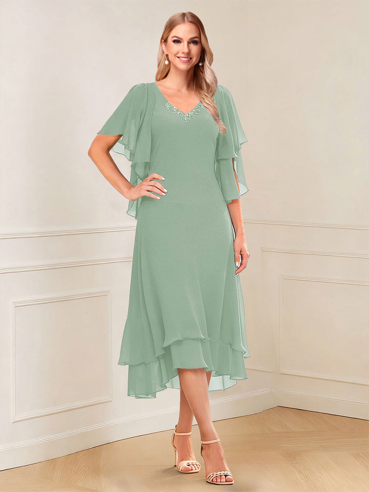 A-Line/Princess Short Sleeves V-Neck Tea-Length Mother of the Bride with Ruffles &amp; Beading