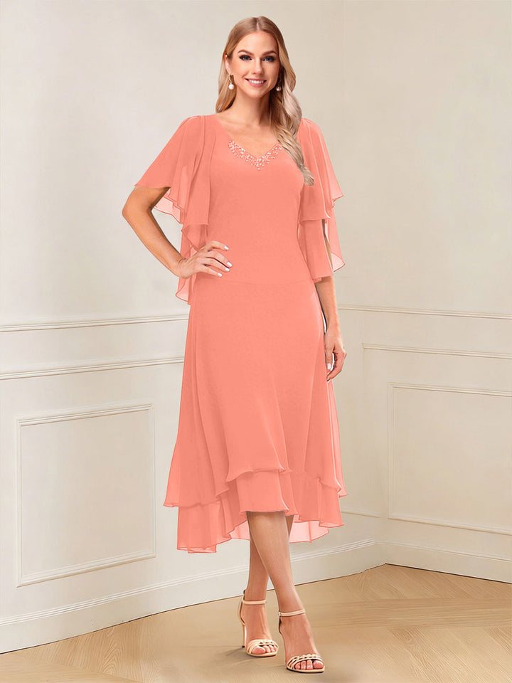 A-Line/Princess Short Sleeves V-Neck Tea-Length Mother of the Bride with Ruffles &amp; Beading