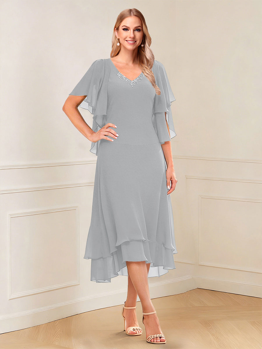 A-Line/Princess Short Sleeves V-Neck Tea-Length Mother of the Bride with Ruffles &amp; Beading