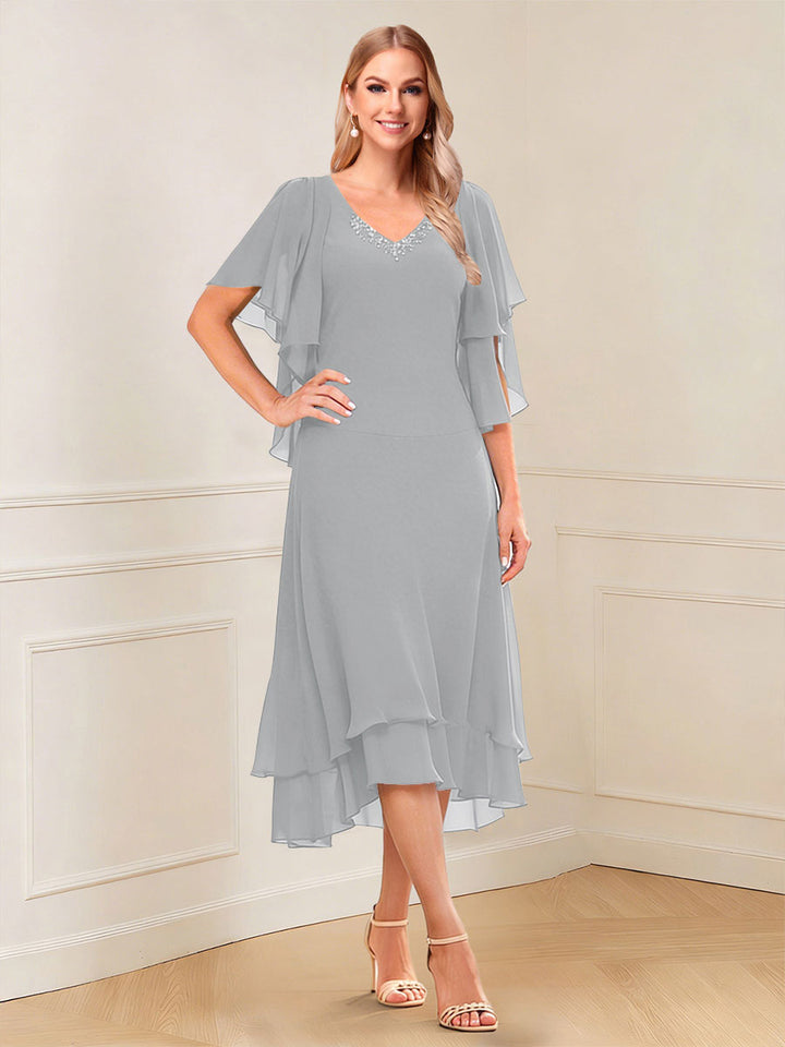 A-Line/Princess Short Sleeves V-Neck Tea-Length Mother of the Bride with Ruffles &amp; Beading