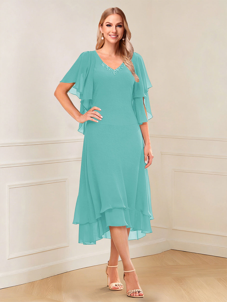 A-Line/Princess Short Sleeves V-Neck Tea-Length Mother of the Bride with Ruffles &amp; Beading