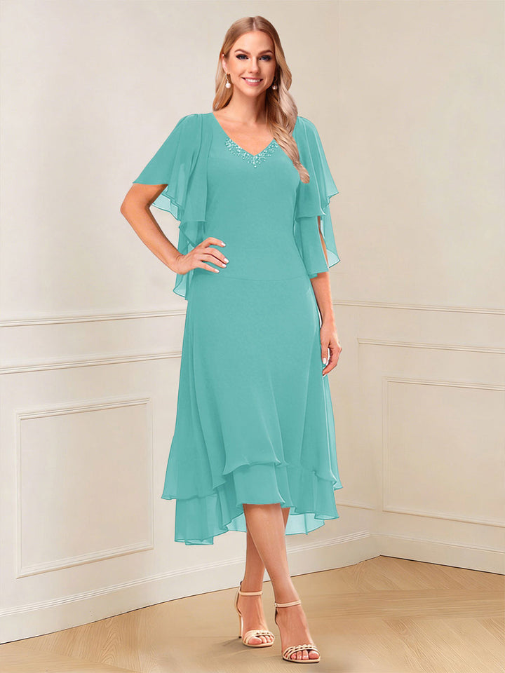 A-Line/Princess Short Sleeves V-Neck Tea-Length Mother of the Bride with Ruffles &amp; Beading