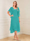 A-Line/Princess Short Sleeves V-Neck Tea-Length Mother of the Bride with Ruffles & Beading