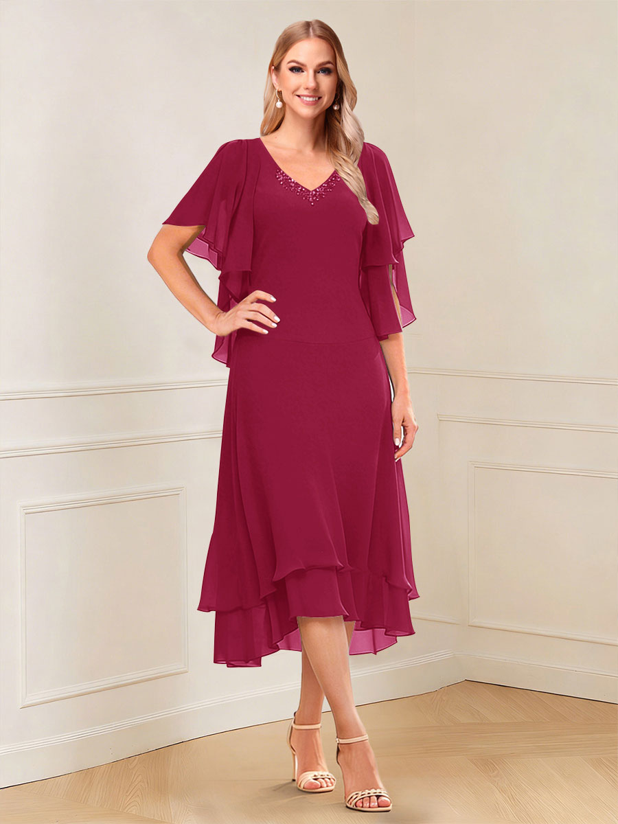 A-Line/Princess Short Sleeves V-Neck Tea-Length Mother of the Bride with Ruffles &amp; Beading