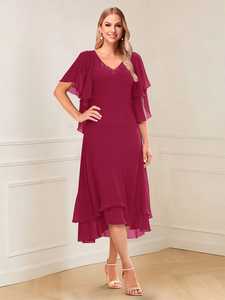 A-Line/Princess Short Sleeves V-Neck Tea-Length Mother of the Bride with Ruffles &amp; Beading