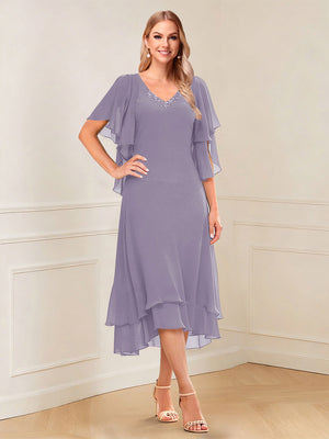 A-Line/Princess Short Sleeves V-Neck Tea-Length Mother of the Bride with Ruffles & Beading