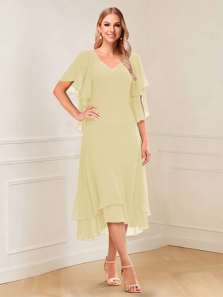 A-Line/Princess Short Sleeves V-Neck Tea-Length Mother of the Bride with Ruffles &amp; Beading