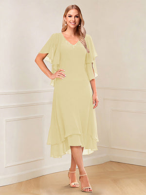 A-Line/Princess Short Sleeves V-Neck Tea-Length Mother of the Bride with Ruffles & Beading