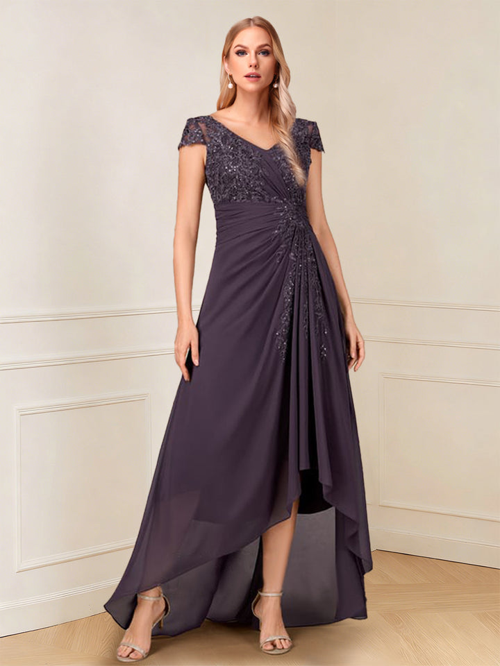 A-Line/Princess Cap Sleeves V-Neck Asymmetrical Mother of the Bride with Sequins &amp;Ruched