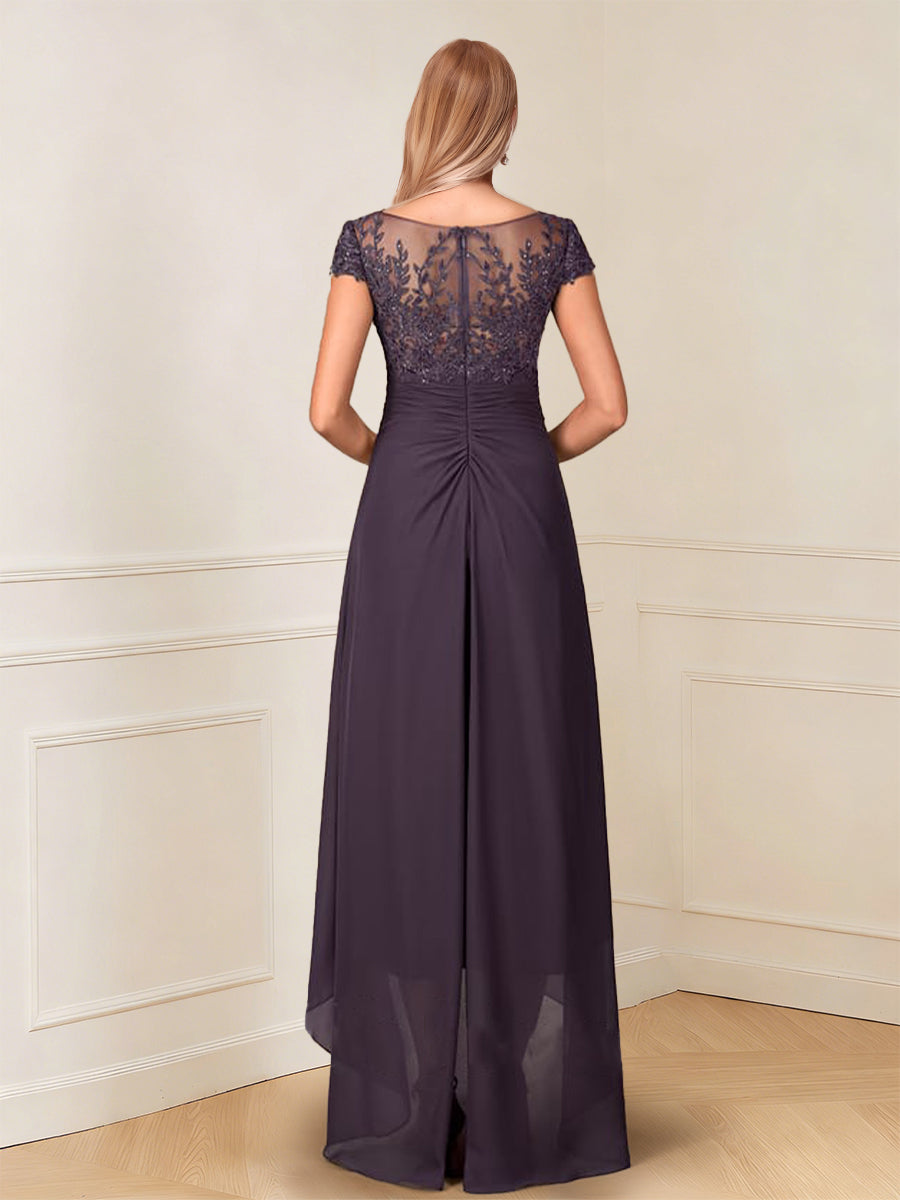 A-Line/Princess Cap Sleeves V-Neck Asymmetrical Mother of the Bride with Sequins &amp;Ruched