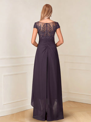 A-Line/Princess Cap Sleeves V-Neck Asymmetrical Mother of the Bride with Sequins &Ruched