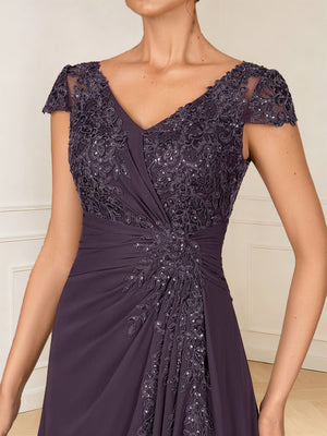 A-Line/Princess Cap Sleeves V-Neck Asymmetrical Mother of the Bride with Sequins &Ruched
