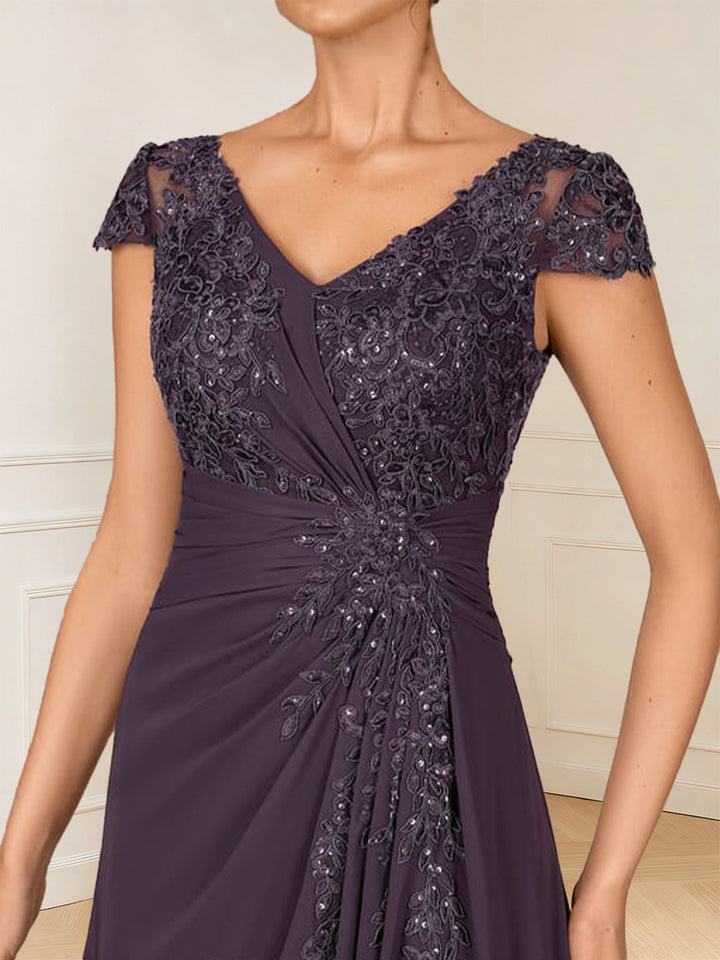 A-Line/Princess Cap Sleeves V-Neck Asymmetrical Mother of the Bride with Sequins &amp;Ruched