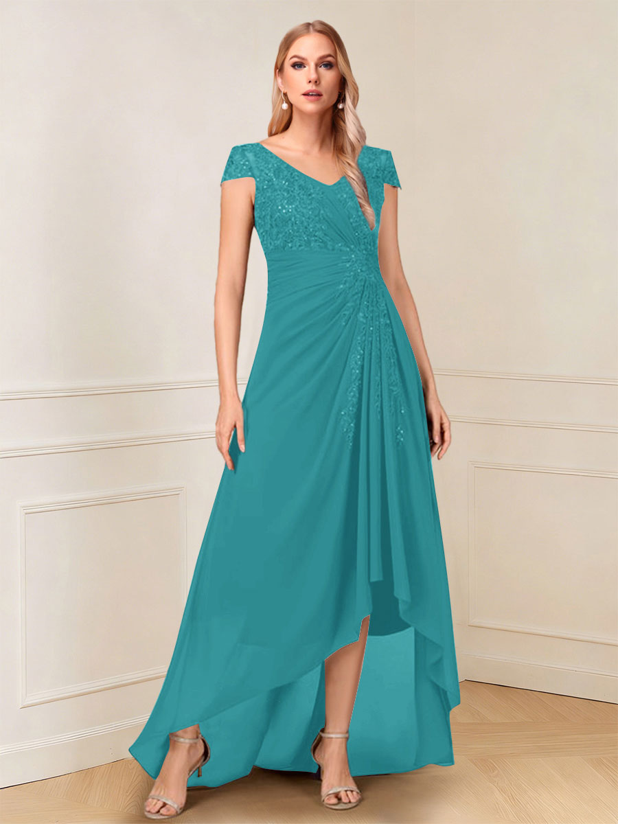 A-Line/Princess Cap Sleeves V-Neck Asymmetrical Mother of the Bride with Sequins &amp;Ruched