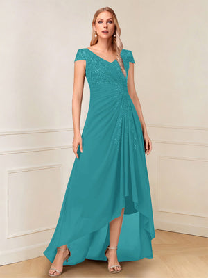 A-Line/Princess Cap Sleeves V-Neck Asymmetrical Mother of the Bride with Sequins &Ruched