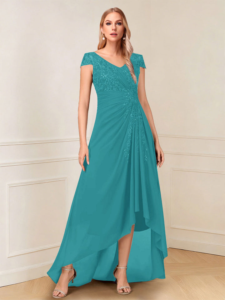 A-Line/Princess Cap Sleeves V-Neck Asymmetrical Mother of the Bride with Sequins &amp;Ruched