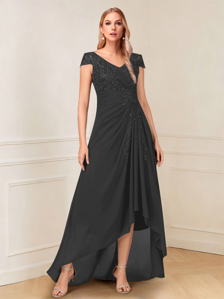 A-Line/Princess Cap Sleeves V-Neck Asymmetrical Mother of the Bride with Sequins &amp;Ruched