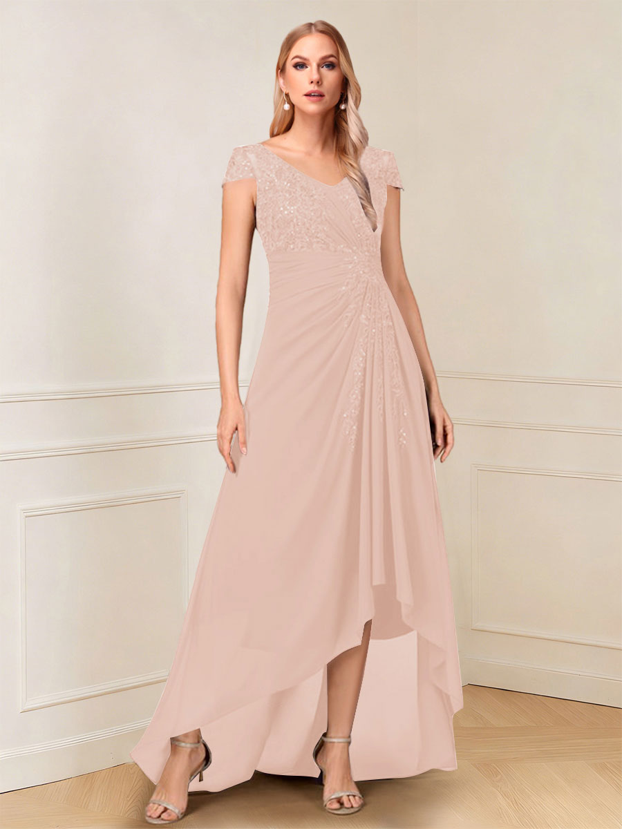 A-Line/Princess Cap Sleeves V-Neck Asymmetrical Mother of the Bride with Sequins &amp;Ruched