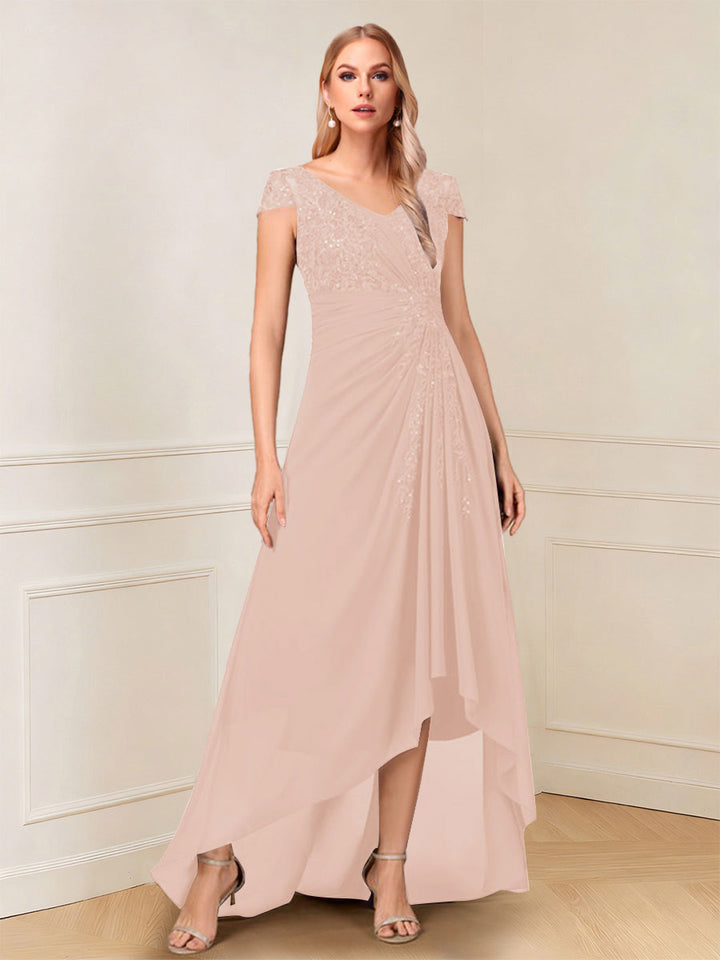 A-Line/Princess Cap Sleeves V-Neck Asymmetrical Mother of the Bride with Sequins &amp;Ruched