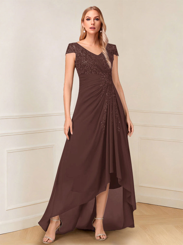 A-Line/Princess Cap Sleeves V-Neck Asymmetrical Mother of the Bride with Sequins &amp;Ruched