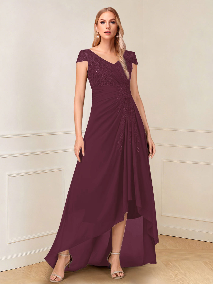 A-Line/Princess Cap Sleeves V-Neck Asymmetrical Mother of the Bride with Sequins &Ruched