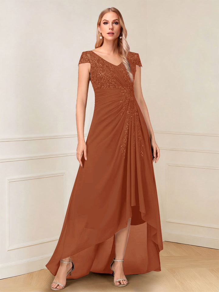 A-Line/Princess Cap Sleeves V-Neck Asymmetrical Mother of the Bride with Sequins &amp;Ruched