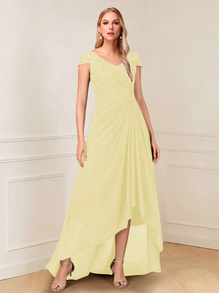 A-Line/Princess Cap Sleeves V-Neck Asymmetrical Mother of the Bride with Sequins &amp;Ruched