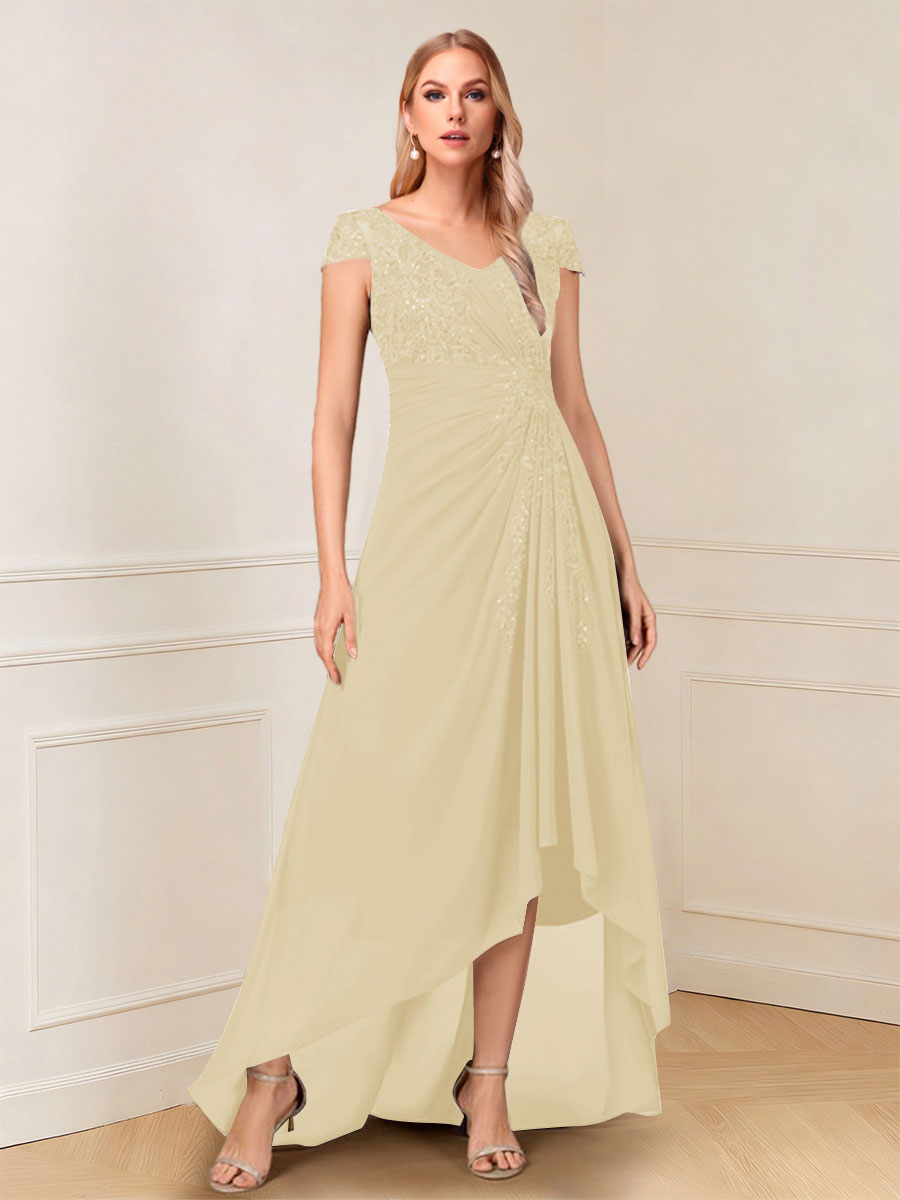 A-Line/Princess Cap Sleeves V-Neck Asymmetrical Mother of the Bride with Sequins &amp;Ruched