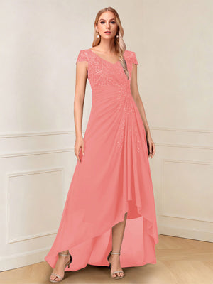 A-Line/Princess Cap Sleeves V-Neck Asymmetrical Mother of the Bride with Sequins &Ruched