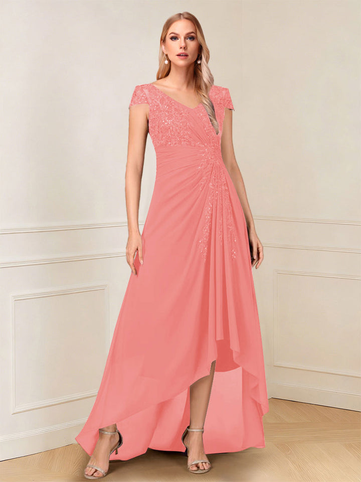 A-Line/Princess Cap Sleeves V-Neck Asymmetrical Mother of the Bride with Sequins &amp;Ruched