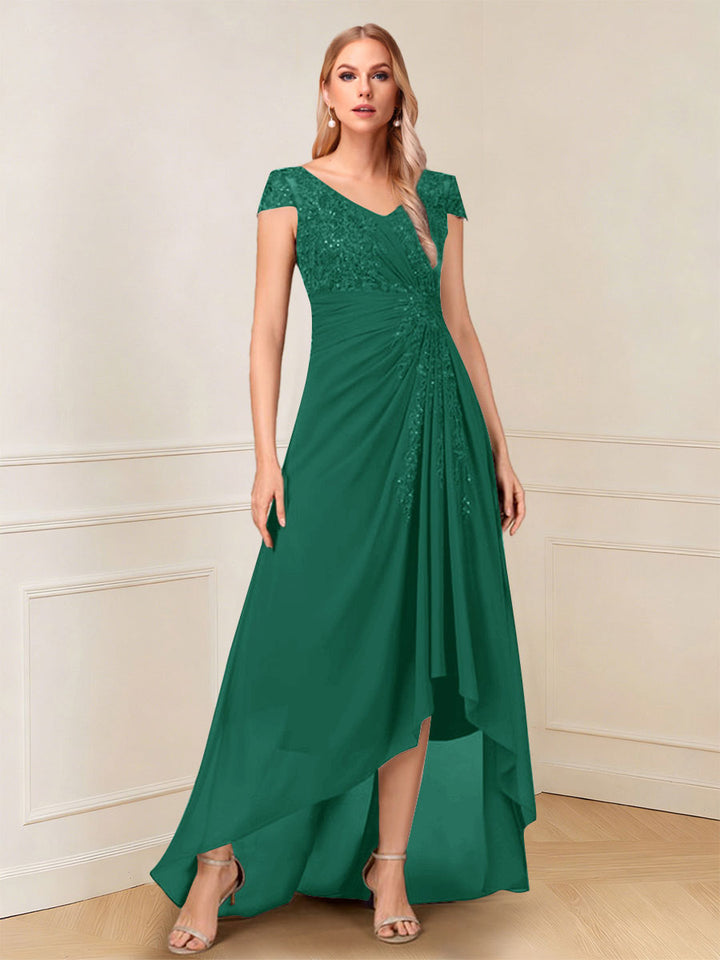 A-Line/Princess Cap Sleeves V-Neck Asymmetrical Mother of the Bride with Sequins &amp;Ruched