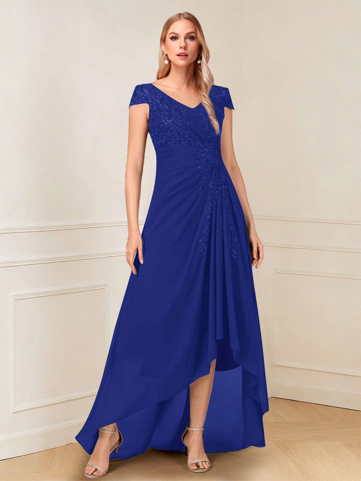 A-Line/Princess Cap Sleeves V-Neck Asymmetrical Mother of the Bride with Sequins &amp;Ruched