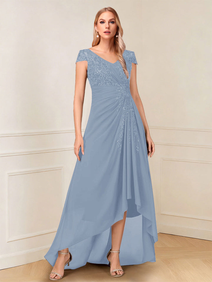 A-Line/Princess Cap Sleeves V-Neck Asymmetrical Mother of the Bride with Sequins &amp;Ruched